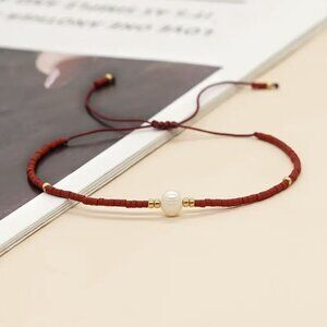 Minimalist Pearl & Red Seed Beaded Lucky Friendship Bracelet NEW